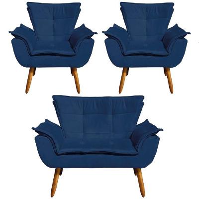 Conjunto 2 Poltronas e 1 Namoradeira Charger Suede Azul Marinho para Sala de Estar Gran Belo