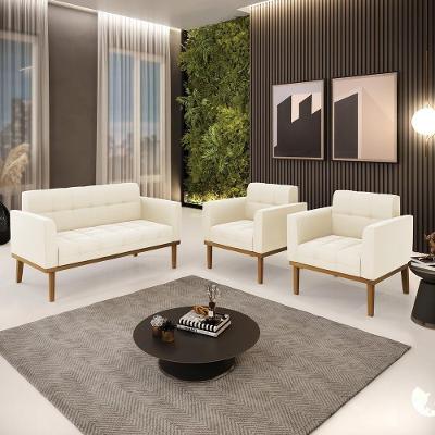 Conjunto 2 Poltronas e 1 Namoradeira Karen G19 em Veludo Bege com Pés de Madeira Gran Belo