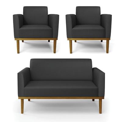 Conjunto 2 Poltronas e 1 Namoradeira Isabella Decorativa Couro Sintético Preto Gran Belo