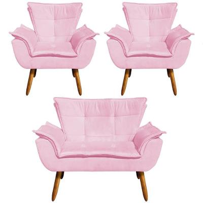 Conjunto 2 Poltronas e 1 Namoradeira Charger Suede Rosa para Sala de Estar Gran Belo
