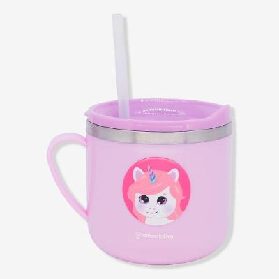 Caneca Infantil Flip Unicórnio 250ML Aço Inoxidável com Canudo Roxo Zonacriativa