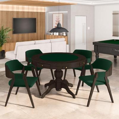 Conjunto Mesa de Jogos Bellagio 4 Lugares Tampo em MDF Reversível Veludo Verde e Capuccino Gran Belo