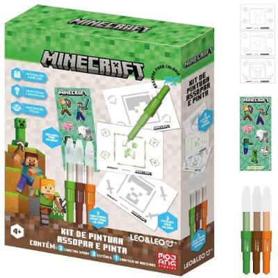 Kit de Pintura Infantil Leo & Leo Assopra e Pinta Minecraft com Canetas Spray e Estênceis