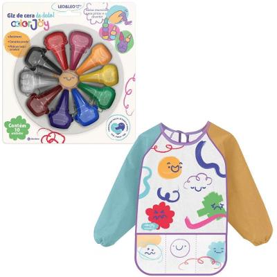 Kit Infantil Pedagógico Leo & Leo Color Joy Avental com Manga e Giz de Cera de Dedo
