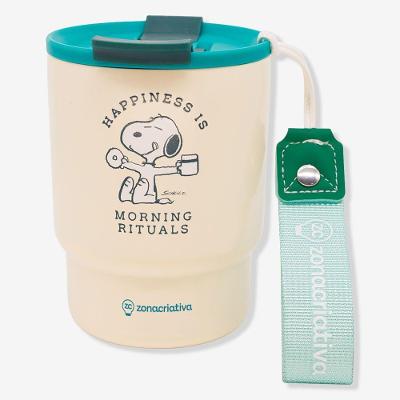Copo Térmico To Go Snoopy 400ML Inox com Tampa Antivazamento e Alça Bege Snoppy