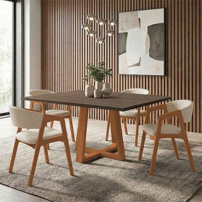 Conjunto Mesa Jantar Isabela 4 Lugares Tampo Freijó Pés Cerejeira Bege Linho Ideal Decor