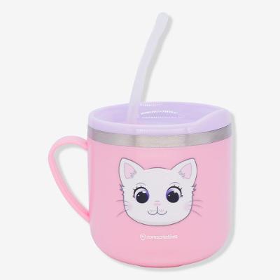 Caneca Infantil Flip Gatolino 250ML em Aço Inoxidável com Tampa e Canudo Rosa Zonacriativa