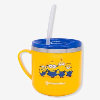 Caneca Infantil Minions 250ML em Aço Inoxidável com Canudo de Silicone Amarelo Flip