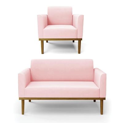 Conjunto Poltrona e Namoradeira Isabella Suede Rosa Bebê G19 para Sala de Estar Gran Belo