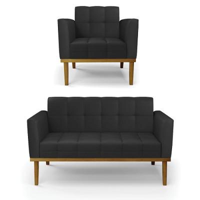Conjunto Poltrona e Namoradeira Karen G19 Corino Pu Preto Pés Madeira para Sala de Estar Gran Belo