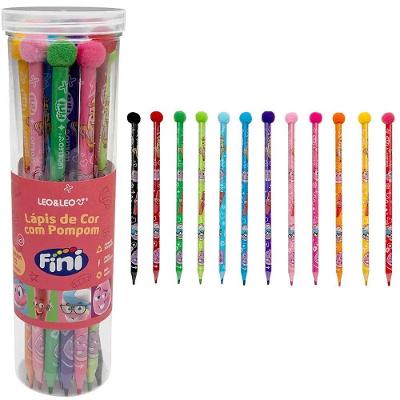 Lápis de Cor Triangular com Pompom Fini Leo & Leo Pote com 12 Unidades para Desenho
