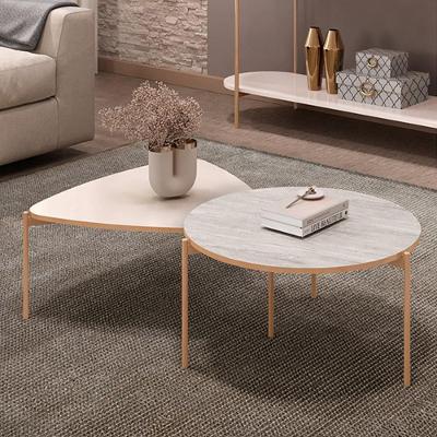 Conjunto de Mesas de Centro Oak e Dutton MDF Pés Dourados 77cm Off White Quartzo Gran Belo