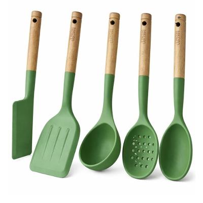 Jogo de Utensílios de Cozinha 5 Peças Madeira e Silicone para Panelas Antiaderentes Verde Baker