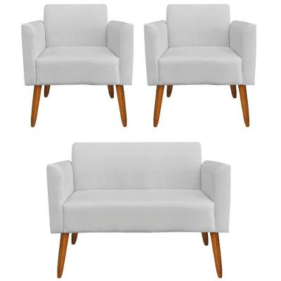 Conjunto Namoradeira e Poltronas Isabella G19 Suede Cinza com Pés Palito Gran Belo