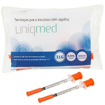 Seringa para Insulina Uniqmed 0,5ML 6x0,25mm 31G Estéril Uso Único Material Atóxico sem Látex 10