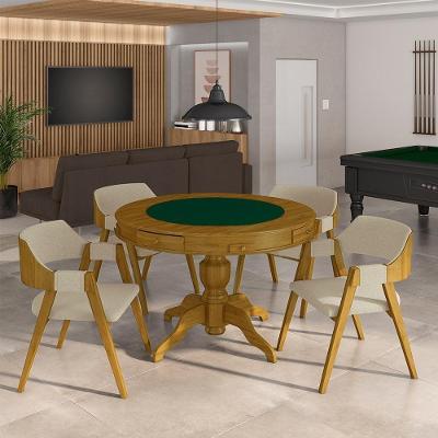 Conjunto Mesa Jogos Bellagio 4 Lugares Tampo MDF Reversível Verde Linho Offwhite Mel Gran Belo