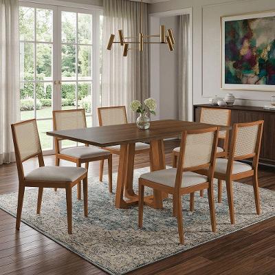 Conjunto de Jantar Julia 6 Lugares Tampo Freijó Pés Cerejeira 1,6m Cadeiras Suellen Bege Ideal Decor