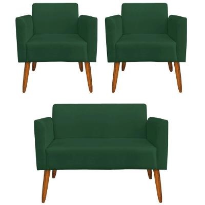 Conjunto Namoradeira e 2 Poltronas Isabella Suede Verde G19 para Sala de Estar Gran Belo