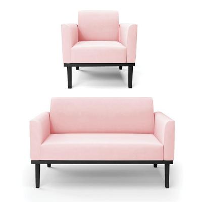 Conjunto Poltrona e Namoradeira Isabella Suede Rosa Bebê Pés Madeira Preto Gran Belo