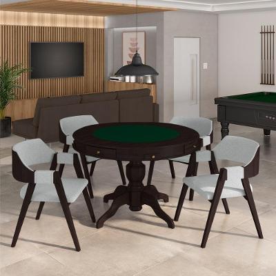 Conjunto Mesa de Jogos Bellagio 4 Lugares Tampo MDF Reversível Verde com Cadeiras Linho Cinza Tabaco