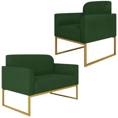Conjunto Namoradeira e Poltrona Isabella G19 Decorativa Suede Verde Dourado Gran Belo