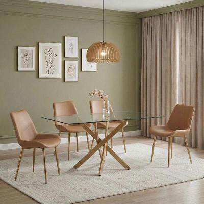 Conjunto de Jantar Lara 4 Lugares Vidro 10mm Base em Aço Carbono Bronze Caramelo 160cm Cadeira