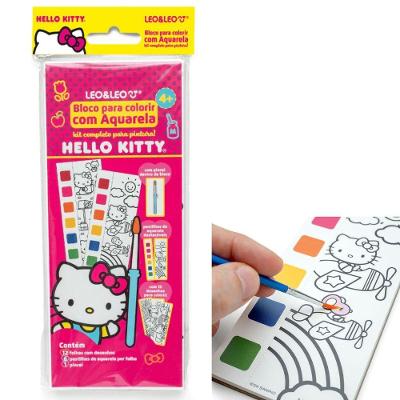 Bloco de Colorir com Aquarela Leo & Leo Hello Kitty com 12 Folhas e Pincel Verde Azul Amarelo