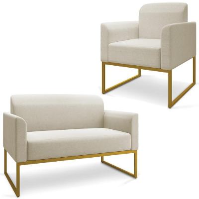 Conjunto Namoradeira e Poltrona Isabella G19 Decorativa Linho Bege Dourado Gran Belo