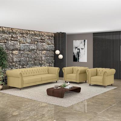 Conjunto Sala de Estar Stanford Chesterfield G58 Couro 180cm Bege Gran Belo