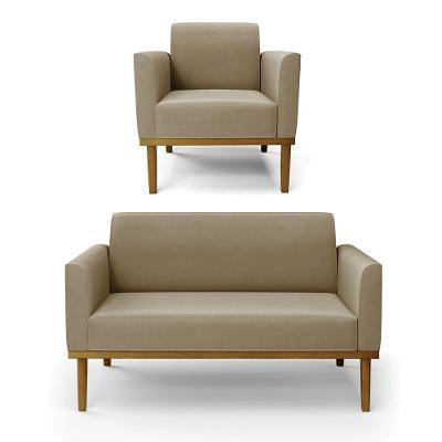 Conjunto Poltrona e Namoradeira Isabella Suede Nude G19 com Pés em Madeira e Espuma D-23 Gran Belo