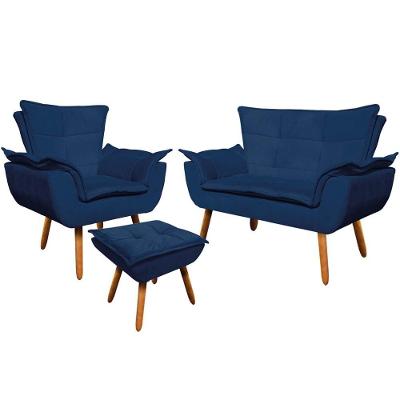 Conjunto Poltrona Puff e Namoradeira Charger Suede Pés Palito Azul Marinho Gran Belo