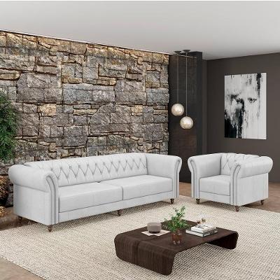 Conjunto Sala de Estar Stanford Chesterfield G58 Madeira e Couro Branco Gran Belo