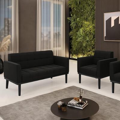 Conjunto Poltrona e Namoradeira Karen Decorativa Suede Preto G19 com Pés em Madeira Gran Belo