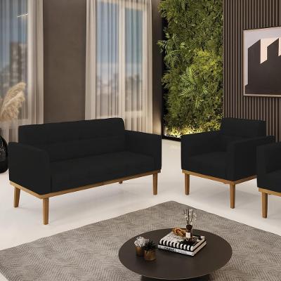 Conjunto Poltrona e Namoradeira Karen Decorativas Linho Preto com Pés em Madeira Castanho Gran Belo
