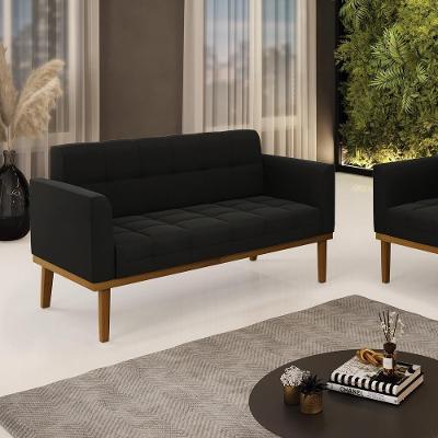Poltrona Namoradeira Karen G19 Suede Preto com Pés Fixos em Madeira Castanho Gran Belo