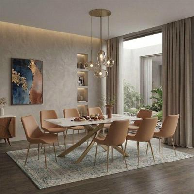 Conjunto Mesa de Jantar Lara 8 Lugares Tampo Cerâmica Base Aço Carbono Bronze Caramelo 180cm Cadeira