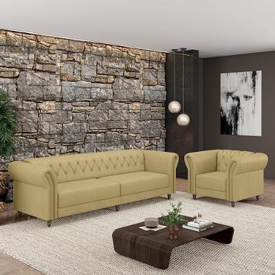 Conjunto Sala de Estar Stanford Chesterfield G58 Couro 260cm Bege Gran Belo