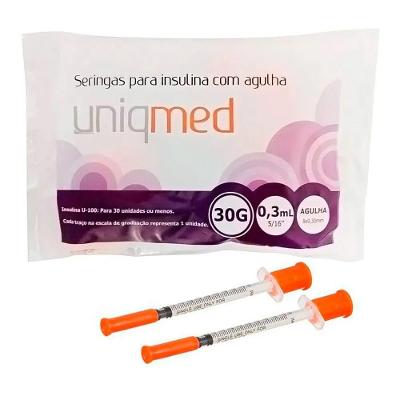 Seringa para Insulina Uniqmed 0,3ml 8x0,30mm 30g com Agulha Fixa Estéril 10 Unidades