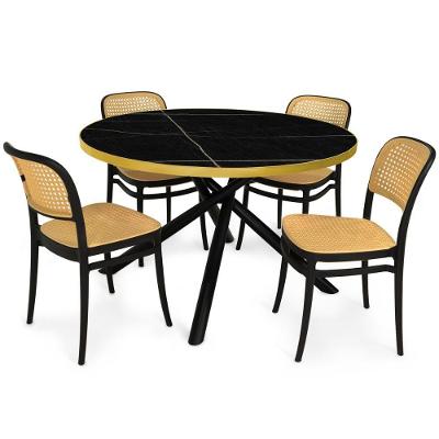 Conjunto de Jantar Solaris com 4 Cadeiras Roma Tampo de Vidro Marmorizado Preto 120cm Magazine Decor