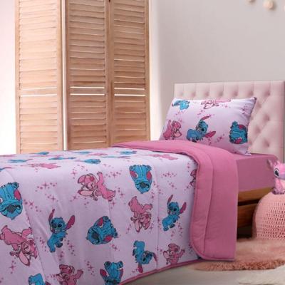 Edredom Infantil Solteiro Play Stitch e Angel Love Rosa Algodão Toque Macio Portallar