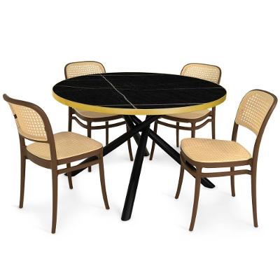 Conjunto de Jantar Solaris Redondo 4 Lugares Tampo em Vidro Preto 120cm com Cadeiras Roma Marrom
