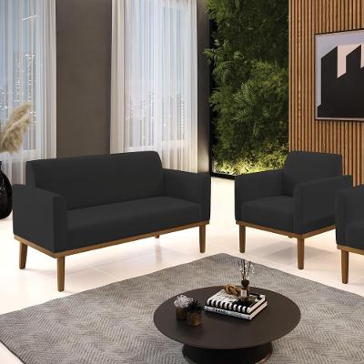 Conjunto Poltrona e Namoradeira Karen Decorativa Veludo Preto com Pés Madeira Gran Belo