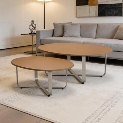 Kit 2 Mesas de Centro Tannat L06 Oval MDF Aço 94cm Couro Marrom Lyam Decor
