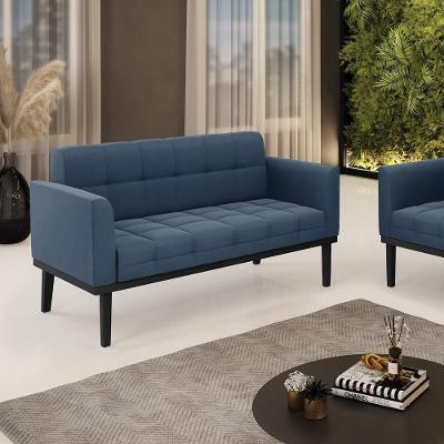 Poltrona Namoradeira Karen G19 para Sala de Estar Suede Azul Marinho com Pés em Madeira Gran Belo
