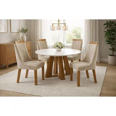 Sala de Jantar Boss Redonda 4 Lugares Tampo de Vidro Off White 1,10m Domus Parati