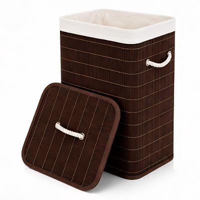 Cesto Organizador Vertical com Tampa 70L Bambu e Poliéster para Lavanderia Quarto Banheiro Marrom