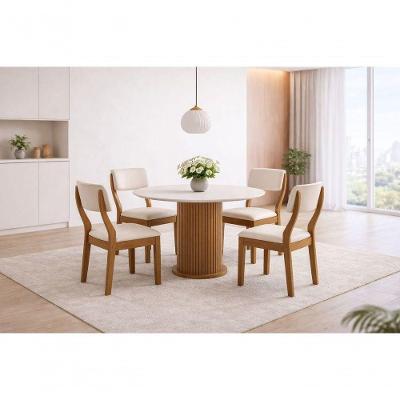 Conjunto de Jantar Redondo Wendy 4 Lugares Tampo de Vidro Serigrafado Off White 1,10M