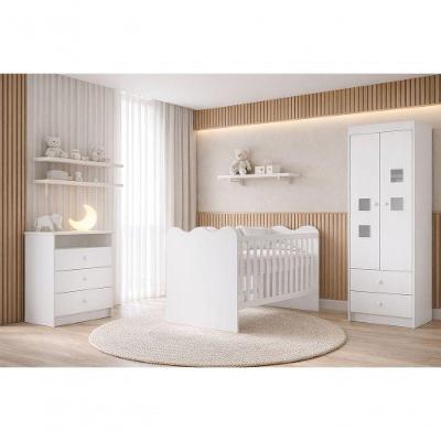 Quarto Completo Infantil Algodão com Berço Que Vira Cama em MDF com Guarda-Roupa 2 Portas 5 Gavetas