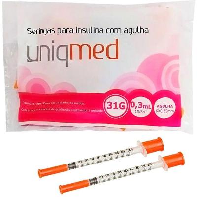 Seringa para Insulina Uniqmed Padrão para Aplicação Diabética 0,30ml 31G Estéril com 10 Unidades