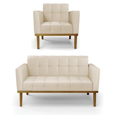 Conjunto Poltrona e Namoradeira Karen G19 Corino Pu Bege para Sala de Estar Gran Belo